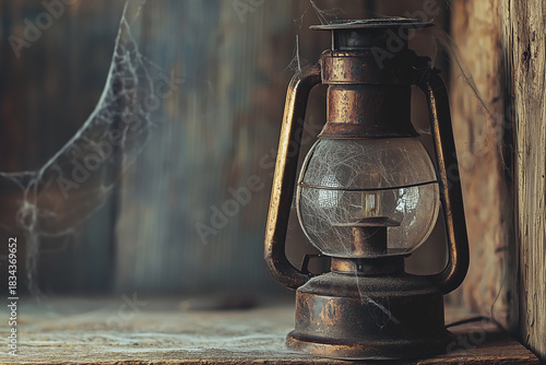 Close-up of a vintage lantern on a wooden shelf, cobwebs visible, with a muted background and large copy space to the side.