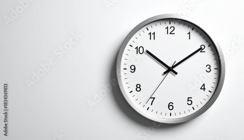 Round wall clock with white face and black hands showing 10:10 on white wall.