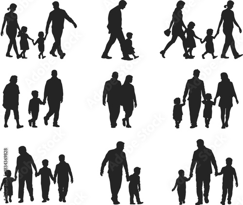 PrintNine family silhouettes vector illustration set depicting parents, children, different age groups, walking together, symbolizing relationship, unity, travel, and parenting concepts.