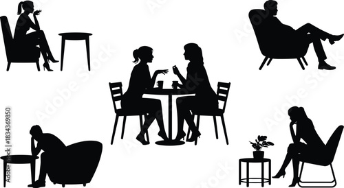 PrintPeople sitting, relaxing, and talking silhouette vector set, illustrating conversation, communication, and therapy, isolated.