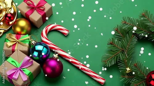 Festive Christmas Gifts, Ornaments, Candy Cane, and Fir Branch for Holiday Marketing and Web Design Projects