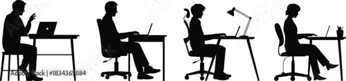 PrintPeople working on laptop computers silhouette vector set, illustrating office work, remote jobs, and desk jobs, black and white.