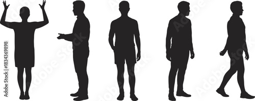 PrintPeople walking and standing with umbrellas silhouette vector set, illustrating rain, weather, autumn, and storm protection, isolated.