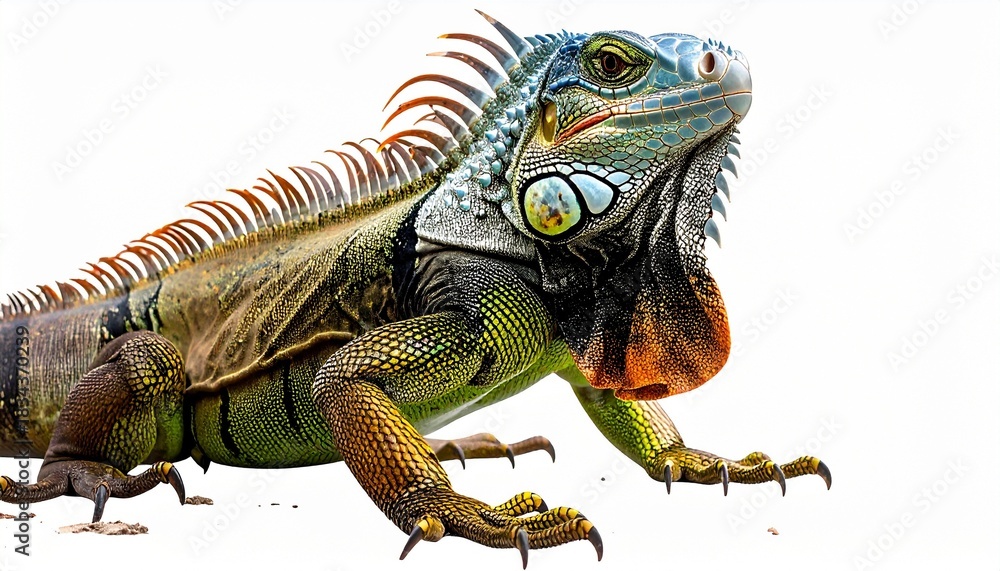 Fototapeta premium Vibrant green iguana with spines and dewlap posed on white background.