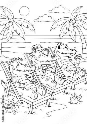 crocodiles on a seaside vacation. coloring book
