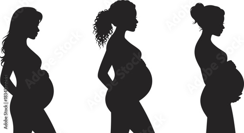 PrintThree diverse pregnant women black silhouette vector illustration set representing maternity, pregnancy stages, expectant mothers, family planning, and female health care.