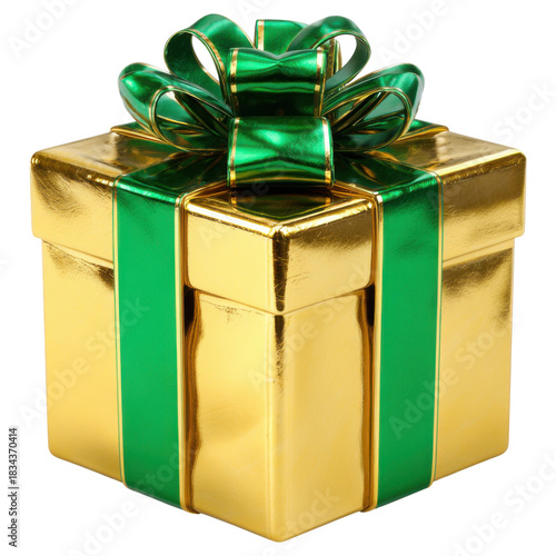 A shiny golden gift box adorned with a green ribbon and bow, symbolizing celebration and special occasions.