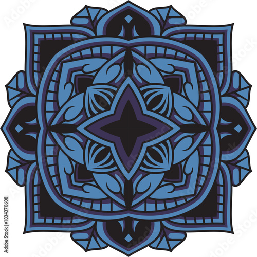 
A detailed black line blue mandala featuring stylized petals and swirling leaves, for frames, pattern designs, and meditation visuals, expressing harmony and refined craftsmanship.