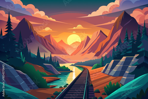 Curved train tracks through a mountain valley at sunset railway mountains