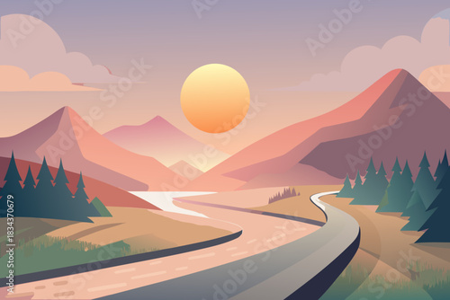 Dramatic Mountain Scenery with Winding Road and River at Sunset landscape nature