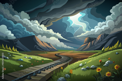 Dramatic mountain valley with winding train tracks under stormy skies Keywords: train tracks, railway, valley, mountains, storm clouds, dramatic