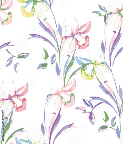 Seamless colorful floral pattern. Hand drawn flowers, herbs, leaves, branches, berries, tulip. Simple cute flat vector elements. Design for textile, cover, wallpaper