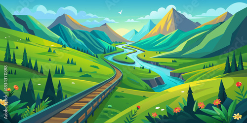 Idyllic mountain landscape with winding river and railway at sunrise Keywords: landscape, nature, mountains, valley, river, railway, track, trees