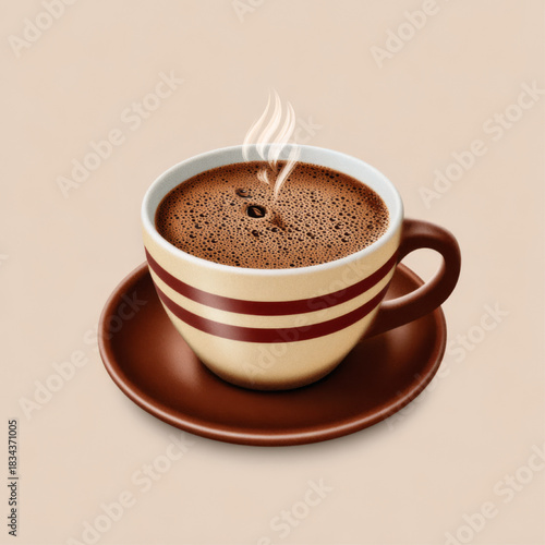 Steaming coffee cup, realistic illustration, representing warm drinks, morning rituals, and relaxation, on a beige background