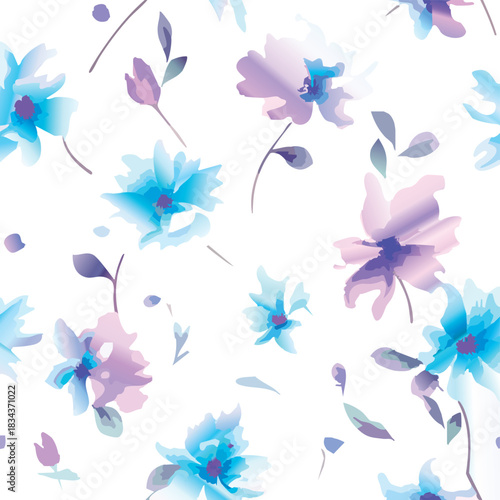 Seamless colorful floral pattern. Hand drawn flowers, herbs, leaves, branches, berries, tulip. Simple cute flat vector elements. Design for textile, cover, wallpaper