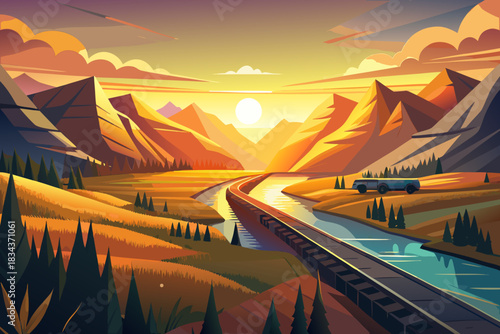 Mountain valley with a train track and a car at sunset vector illustration