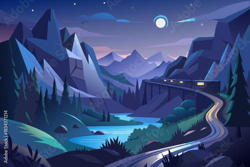 Night train travels through a moonlit mountain valley with a glowing river vector