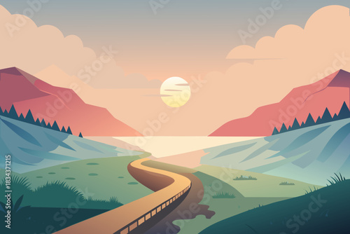 Picturesque Mountain Landscape with Winding Bridge and Calm Water at Dusk nature