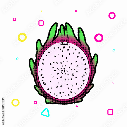 Halftone pop art dragon fruit with vibrant pink flesh and green skin in a comic style, surrounded by scattered Memphis shapes, vector illustration