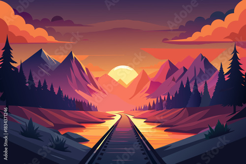 Railroad Tracks Entering a Mountain Pass During a Vibrant Sunset train tracks railway