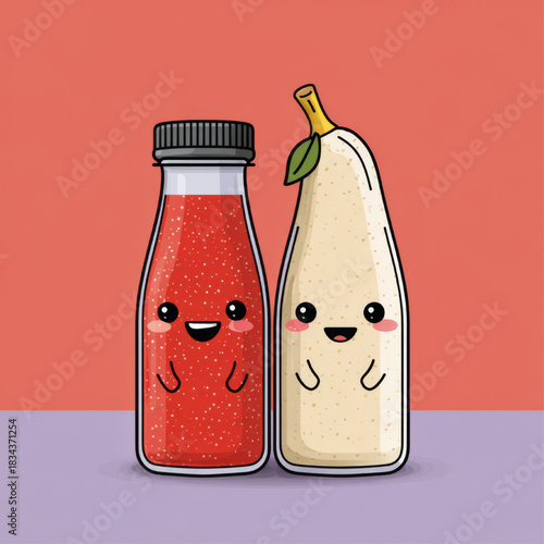 Cute fruit juice bottles, playful cartoon, red, white, yellow, pink, and purple, representing happy drinks, fresh juices, and sweet flavors
