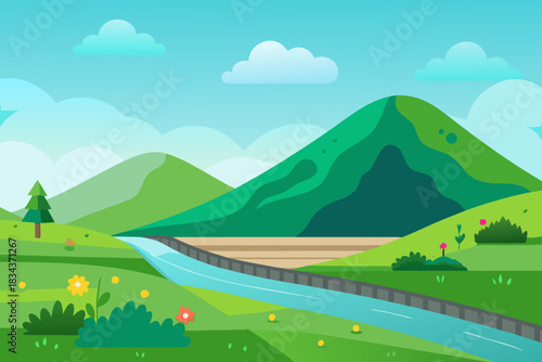 River Flowing Through Green Hills with Mountains and Scattered Flowers landscape nature