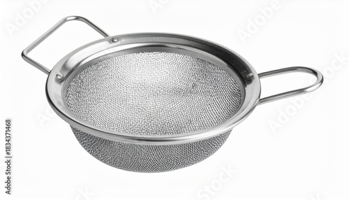 Metal mesh strainer with fine bowl, long handle, and loop grip on neutral background.