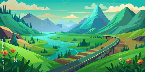 Scenic mountain valley with winding river and railway track Keywords: landscape, nature, mountains, valley, river, railway, track, trees, forest
