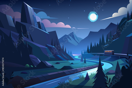 Serene Moonlit Mountain Valley with Glowing River and Train night landscape
