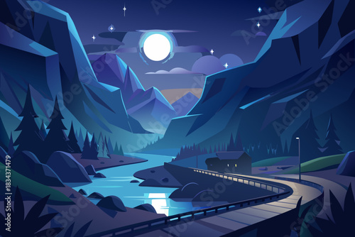 Serene moonlit mountain valley with glowing river and winding road night mountains