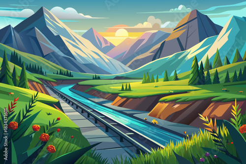 Serene mountain landscape with river and railway at dusk valley train tracks