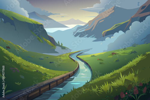 Serene mountain valley with winding river and lush green hills landscape nature