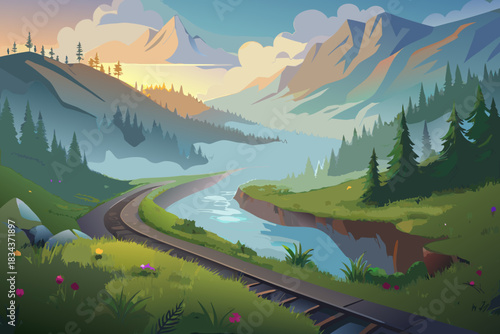 Serene mountain valley with winding river and railroad tracks at sunrise mountain landscape
