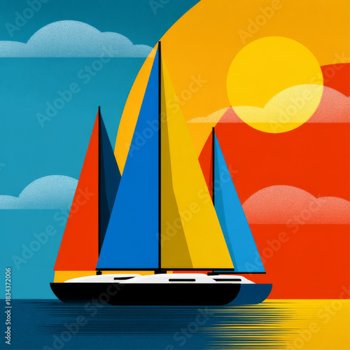Sailboats at sunset, flat textured illustration, representing marine adventure and evening beauty, in vibrant colors