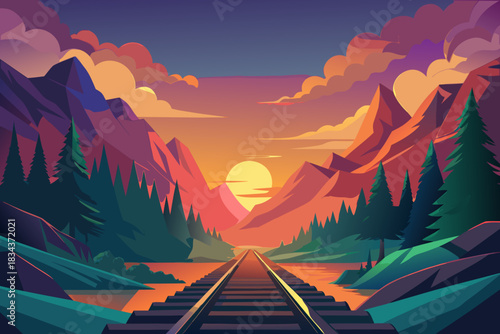 Stylized mountain landscape with train tracks and sunset railway mountains