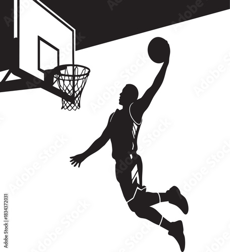 A dynamic silhouette of a basketball player in mid-air, executing a powerful slam dunk towards the hoop.