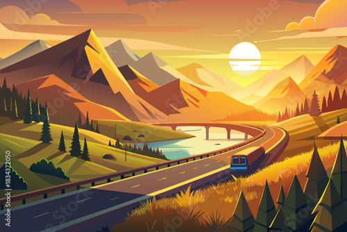 Stylized mountain landscape with a highway and bus at sunset road