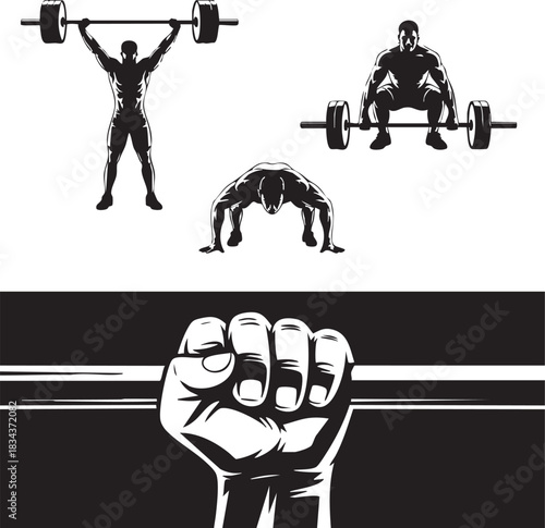 Silhouettes of weightlifters performing exercises and a powerful fist gripping a barbell, symbolizing strength and dedication.