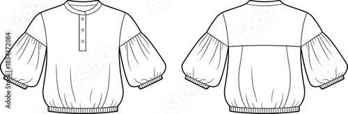 PrintStylish puff-sleeve blouse fashion flat, front and back technical sketch, garment design template, sewing pattern outline for apparel designers, illustration