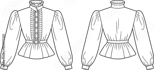 PrintWomen's high neck peplum blouse fashion flat technical drawing template, ruffle trim, puff sleeves, belted waist, long sleeve top.