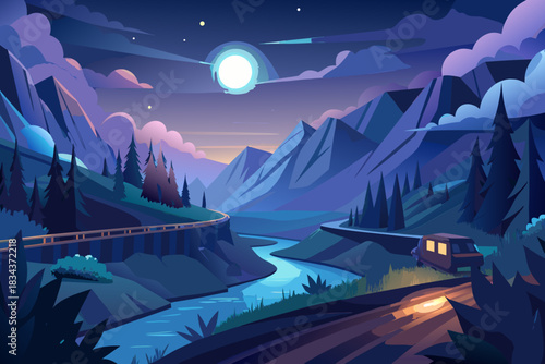 Stylized night landscape with glowing moon river and vehicle mountains