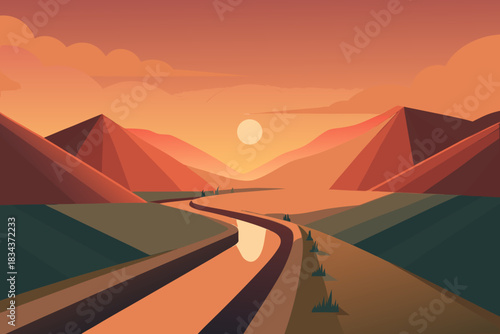 Sun Setting Over Mountain Valley with Winding River and Fields sunset mountains