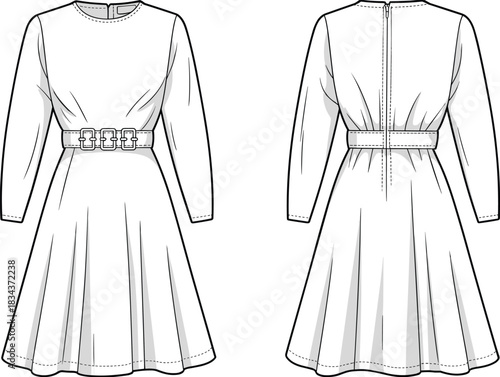 PrintWomen's long sleeve belted A-line dress fashion flat technical drawing template, crew neck, back zip, buckled belt, clothing apparel.