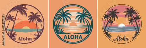 Tropical Aloha beach illustration set with palm trees and sunset in vintage circle badge style