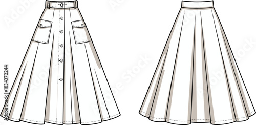 PrintWomen's maxi A-line skirt fashion flat technical drawing template, button front closure, yoke, flap patch pockets, clothing apparel.