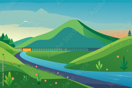 Sunset Over Mountains and River with a Winding Path and Trees landscape nature