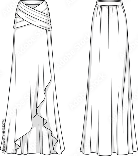 PrintWomen's maxi skirt fashion flat technical drawing template, crossover waistband, draped ruffle front, fluid hem, long apparel vector.