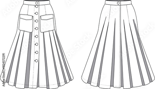PrintWomen's pleated A-line maxi skirt fashion flat technical drawing template, button front, flap pockets, belted waist, clothing apparel.