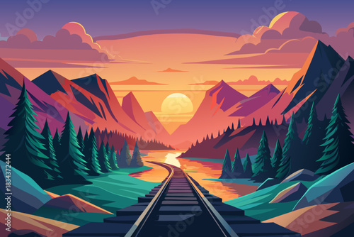 Train tracks receding into a mountain valley at sunset with pine trees railway mountains