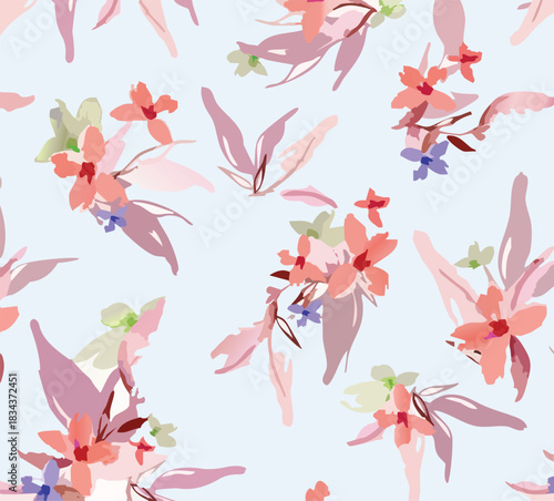 Seamless colorful floral pattern. Hand drawn flowers, herbs, leaves, branches, berries, tulip. Simple cute flat vector elements. Design for textile, cover, wallpaper